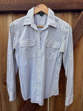 Ralph Lauren Striped Button-Down Shirt in White and Navy